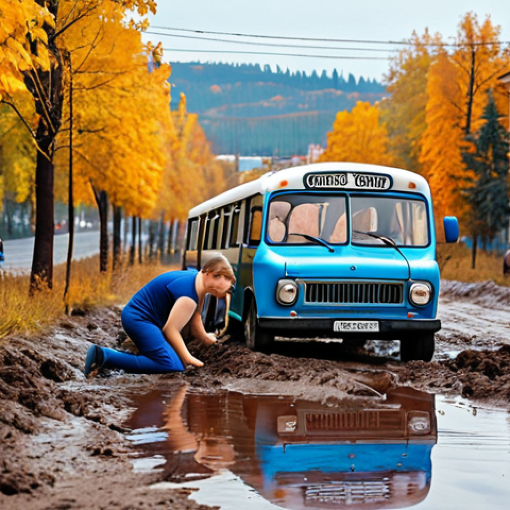 **Image Prompt:** A heartwarming scene depicting Tayo the Little Bus helping his friend Rogi, who is stuck in the mud. Focus on the expressions of empathy and concern on their faces. The background should show a typical Russian cityscape during autumn, with colorful trees and buildings.