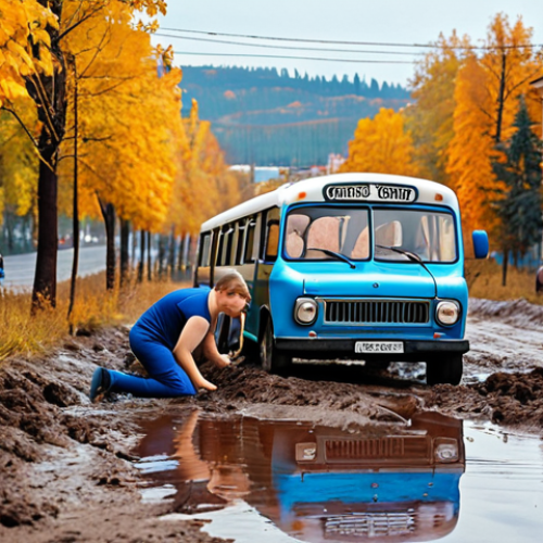 Home 15 **Image Prompt:** A heartwarming scene depicting Tayo the Little Bus helping his friend Rogi, who is stuck in the mud. Focus on the expressions of empathy and concern on their faces. The background should show a typical Russian cityscape during autumn, with colorful trees and buildings.