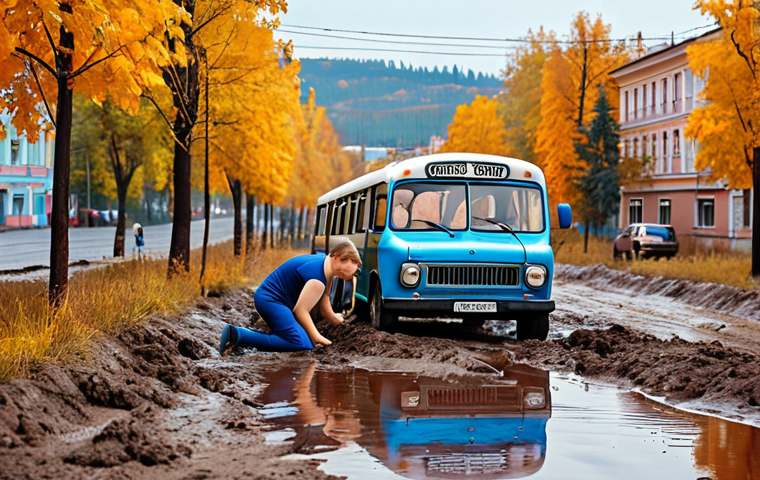 **Image Prompt:** A heartwarming scene depicting Tayo the Little Bus helping his friend Rogi, who is stuck in the mud. Focus on the expressions of empathy and concern on their faces. The background should show a typical Russian cityscape during autumn, with colorful trees and buildings.