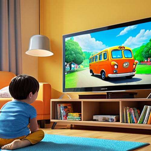 Home 14 **
A cozy living room scene. A child is engrossed in watching "Tayo the Little Bus" on TV. The room is brightly colored and inviting. An adult is smiling, watching the child and reminiscing about their own childhood. The scene evokes feelings of comfort, nostalgia, and escapism. The overall atmosphere is warm and safe.
**
