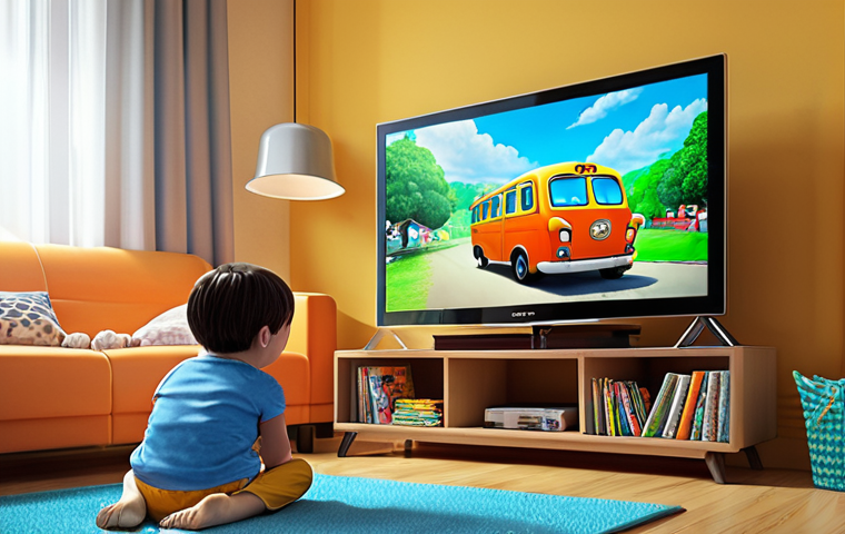 **
A cozy living room scene. A child is engrossed in watching "Tayo the Little Bus" on TV. The room is brightly colored and inviting. An adult is smiling, watching the child and reminiscing about their own childhood. The scene evokes feelings of comfort, nostalgia, and escapism. The overall atmosphere is warm and safe.
**