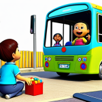 **Image Prompt:** A bright and colorful scene of the "Tayo" bus cartoon characters interacting with children in an educational game setting, such as matching shapes or counting objects, with a focus on a friendly and engaging atmosphere.