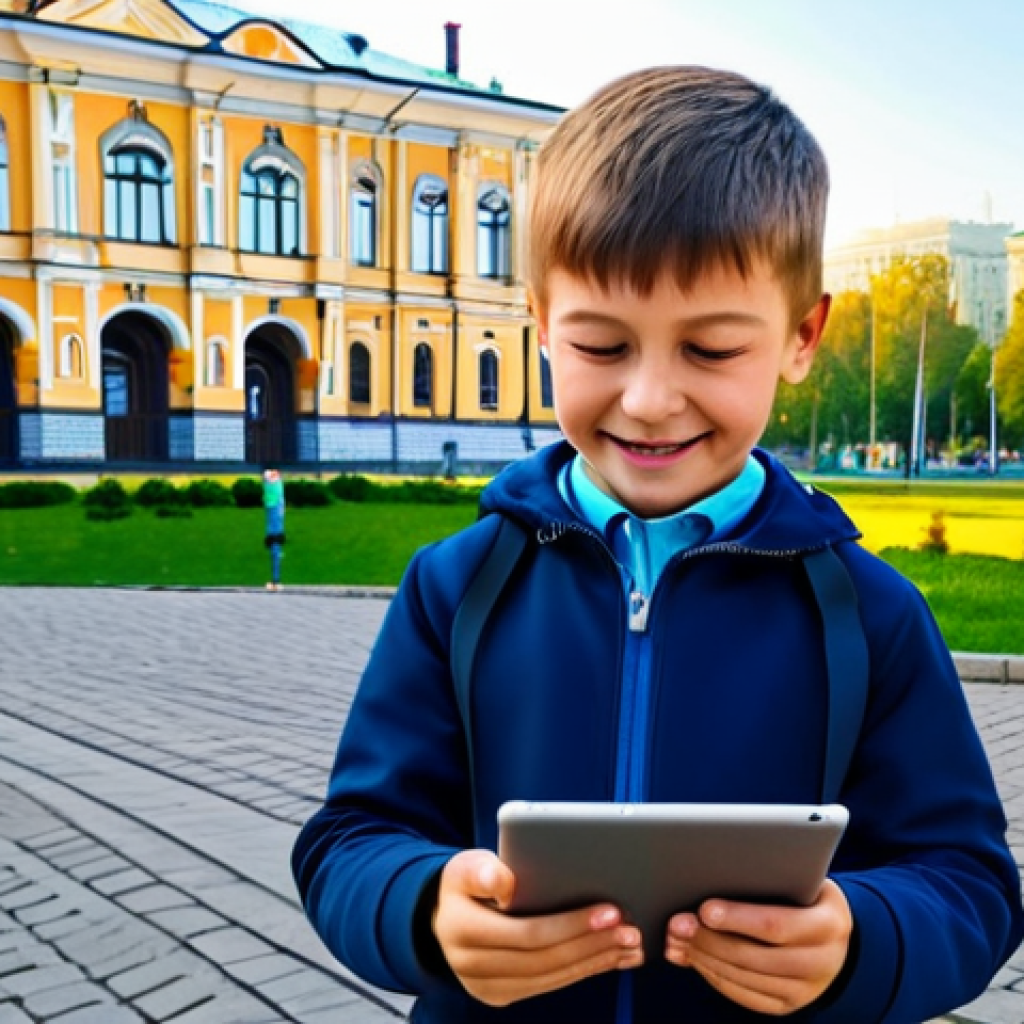 A young, cheerful Russian boy, fully clothed in modest, comfortable attire, focused on a tablet. Standing in a vibrant, sunlit urban park in a Russian city, with traditional architecture faintly visible in the background. On the tablet screen, an Augmented Reality (AR) overlay shows Tayo the Little Bus appearing to drive along the park path, with the boy's finger reaching out as if to interact with the digital character. safe for work, appropriate content, fully clothed, family-friendly, perfect anatomy, correct proportions, natural pose, well-formed hands, proper finger count, natural body proportions, professional photography, high quality.
