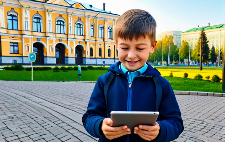 A young, cheerful Russian boy, fully clothed in modest, comfortable attire, focused on a tablet. Standing in a vibrant, sunlit urban park in a Russian city, with traditional architecture faintly visible in the background. On the tablet screen, an Augmented Reality (AR) overlay shows Tayo the Little Bus appearing to drive along the park path, with the boy's finger reaching out as if to interact with the digital character. safe for work, appropriate content, fully clothed, family-friendly, perfect anatomy, correct proportions, natural pose, well-formed hands, proper finger count, natural body proportions, professional photography, high quality.