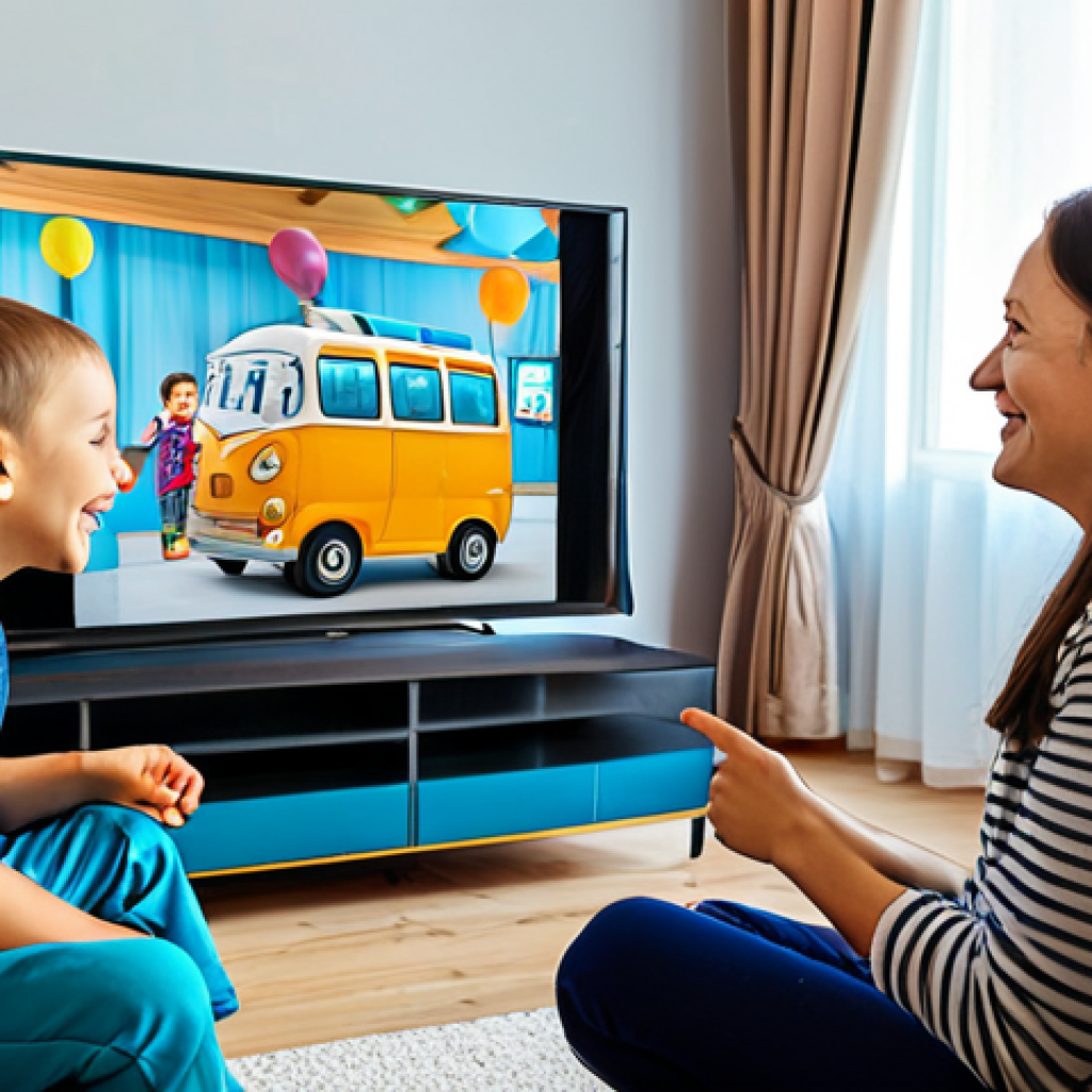 A diverse group of children and their parents, all fully clothed in modest, comfortable attire, are gathered in a cozy, modern Russian living room. They are actively engaged in a shared viewing experience of "Tayo the Little Bus" on a large screen. Children are smiling, pointing, and conversing naturally with parents, showing a sense of shared joy, connection, and family togetherness. The parents are attentively present, fostering a warm, family-friendly atmosphere. Professional photography, high-resolution, vibrant colors, soft focus, natural lighting. safe for work, appropriate content, fully clothed, family-friendly, perfect anatomy, correct proportions, natural pose, well-formed hands, proper finger count, natural body proportions.