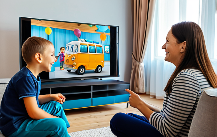 A diverse group of children and their parents, all fully clothed in modest, comfortable attire, are gathered in a cozy, modern Russian living room. They are actively engaged in a shared viewing experience of "Tayo the Little Bus" on a large screen. Children are smiling, pointing, and conversing naturally with parents, showing a sense of shared joy, connection, and family togetherness. The parents are attentively present, fostering a warm, family-friendly atmosphere. Professional photography, high-resolution, vibrant colors, soft focus, natural lighting. safe for work, appropriate content, fully clothed, family-friendly, perfect anatomy, correct proportions, natural pose, well-formed hands, proper finger count, natural body proportions.