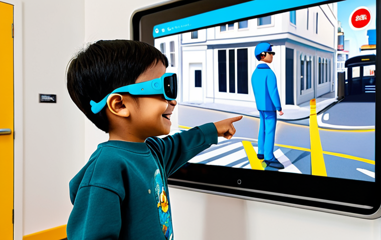 Interactive AR Learning with Tayo**
"A fully clothed young child wearing augmented reality glasses, interacting with a friendly cartoon bus character (Tayo-inspired) projecting from a tablet. The child is smiling and pointing at the projected image of a street scene with safe pedestrian crossings. The scene takes place in a bright, cheerful living room. Safe for work, appropriate content, family-friendly, perfect anatomy, correct proportions, natural pose, well-formed hands, proper finger count, natural body proportions, professional, modest clothing."
**