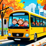 **

A cheerful illustration of Tayo the Little Bus, fully clothed, driving through a colorful Moscow park in autumn. Leaves are falling, and families are enjoying a sunny day. The bus is smiling and friendly. Safe for work, appropriate content, family-friendly illustration, perfect anatomy, correct proportions, well-formed wheels, bright and vibrant colors, professional children's book illustration style.

**