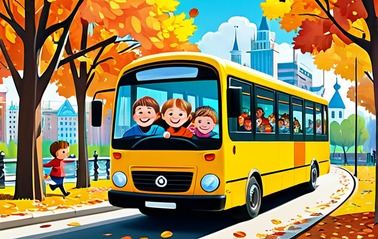**
A cheerful illustration of Tayo the Little Bus, fully clothed, driving through a colorful Moscow park in autumn. Leaves are falling, and families are enjoying a sunny day. The bus is smiling and friendly. Safe for work, appropriate content, family-friendly illustration, perfect anatomy, correct proportions, well-formed wheels, bright and vibrant colors, professional children's book illustration style.
**